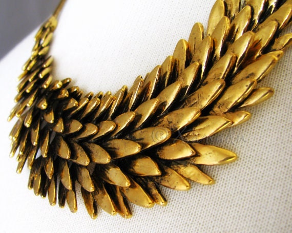 Gold Statement Necklace Fallen Angel - Artisan Made Antiqued Gold Angel Wing Jewelry - Gift For Her