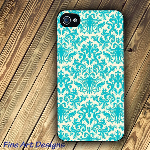 iphone 4 case or Iphone 4s case with Turquoise and Cream Damask image