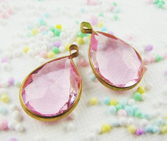 Large Clear Pink Faceted Lucite Teardrop Pear Shaped Channel Set Stones, Jewels, Rhinestones 1 loop drops (4)