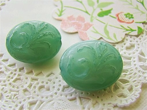 Faux Jade Floral Flourish Carved Oval Beads Large 21 x 18mm Vintage Lucite (2)