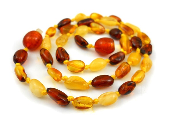 Baltic Amber Baby Teething Necklace. 3 color olive beads - milky - citrine - cognac