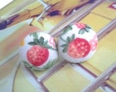 Red Strawberry Creamy Fabric Covered Button Stud Earrings 15mm