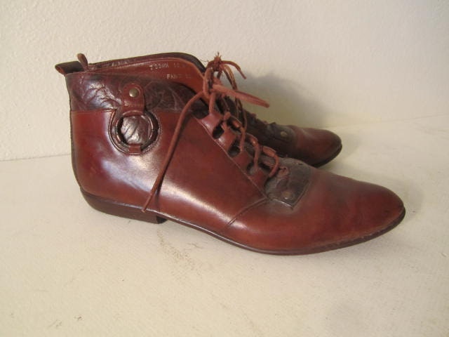 Vintage brown leather flat lace up ankle granny boots grunge sz 8