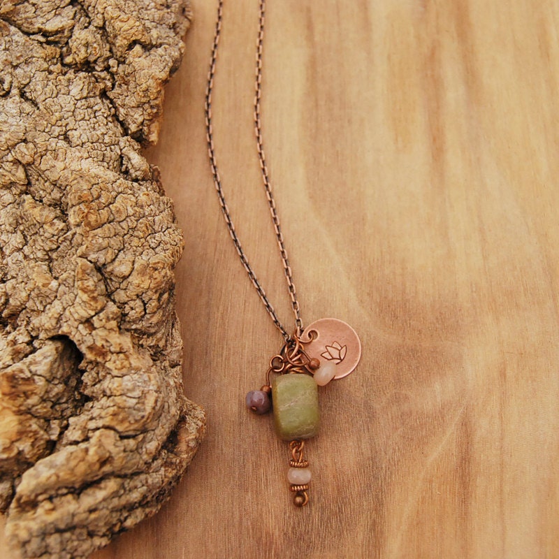 Yoga necklace - lotus flower charm with green jade, moonstone and fancy jasper gemstone