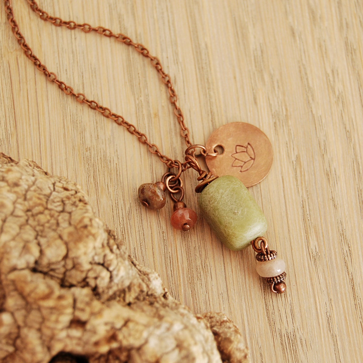 Yoga necklace - lotus flower charm with green jade, moonstone and fancy jasper gemstone