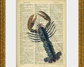 BLUE LOBSTER recycled book page art print - an upcycled antique dictionary page with a retooled antique sea illustration - home decor