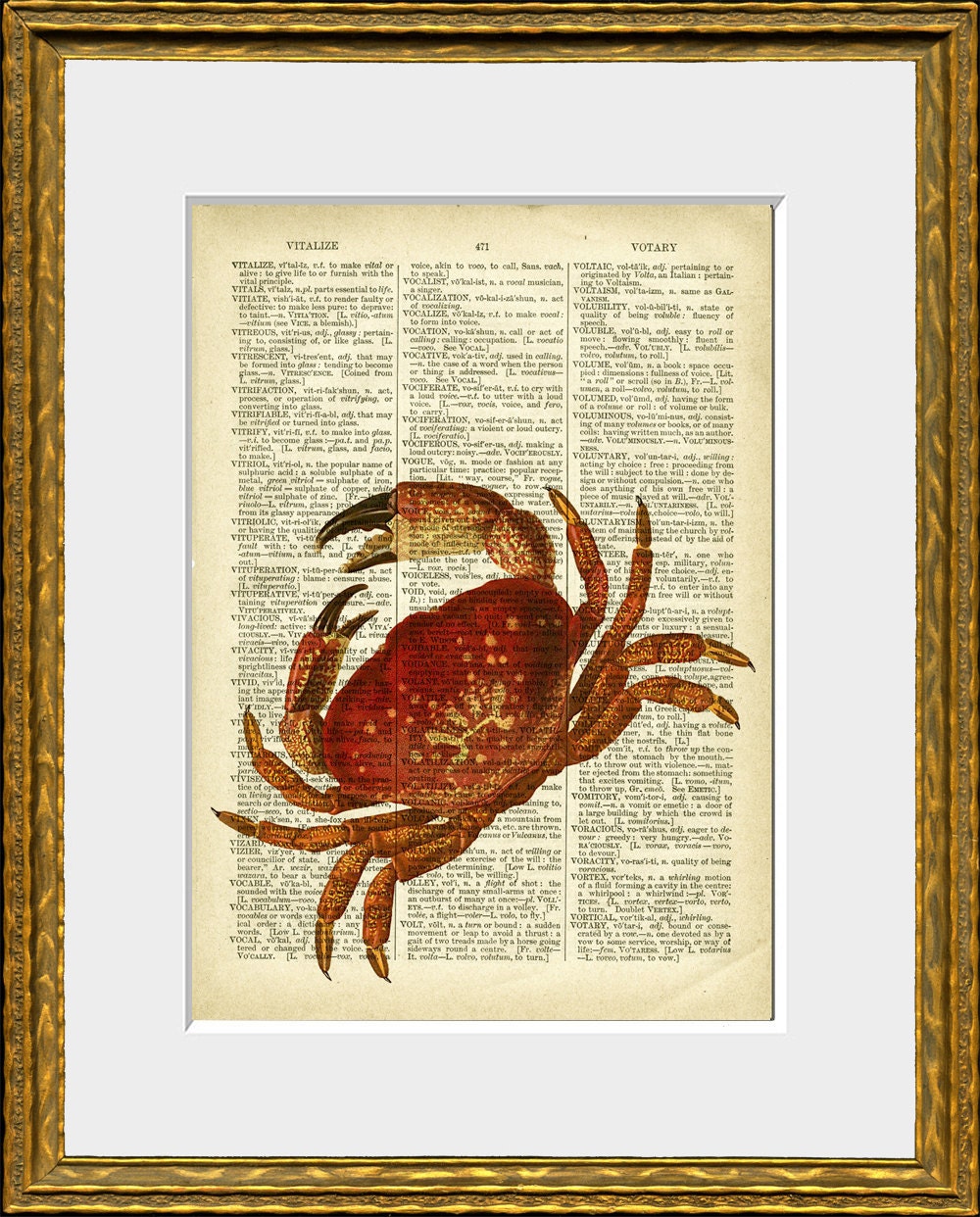 RED CRAB recycled book page art print - an upcycled antique dictionary page with a retooled antique sea illustration - home decor