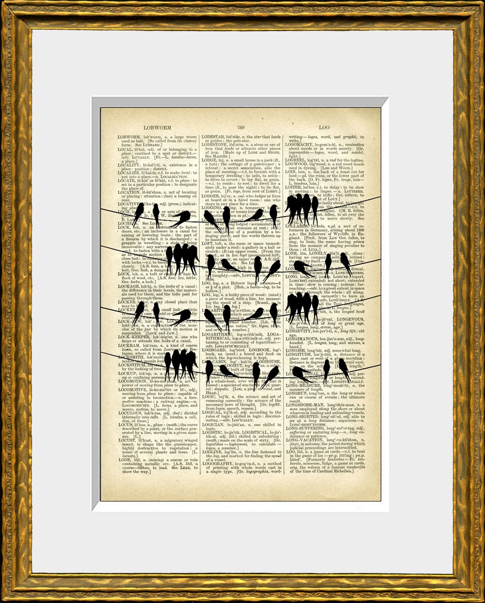 SONGBIRDS ON A WIRE recycled book page art print - an upcycled antique dictionary page with a vintage bird illustration - home decor