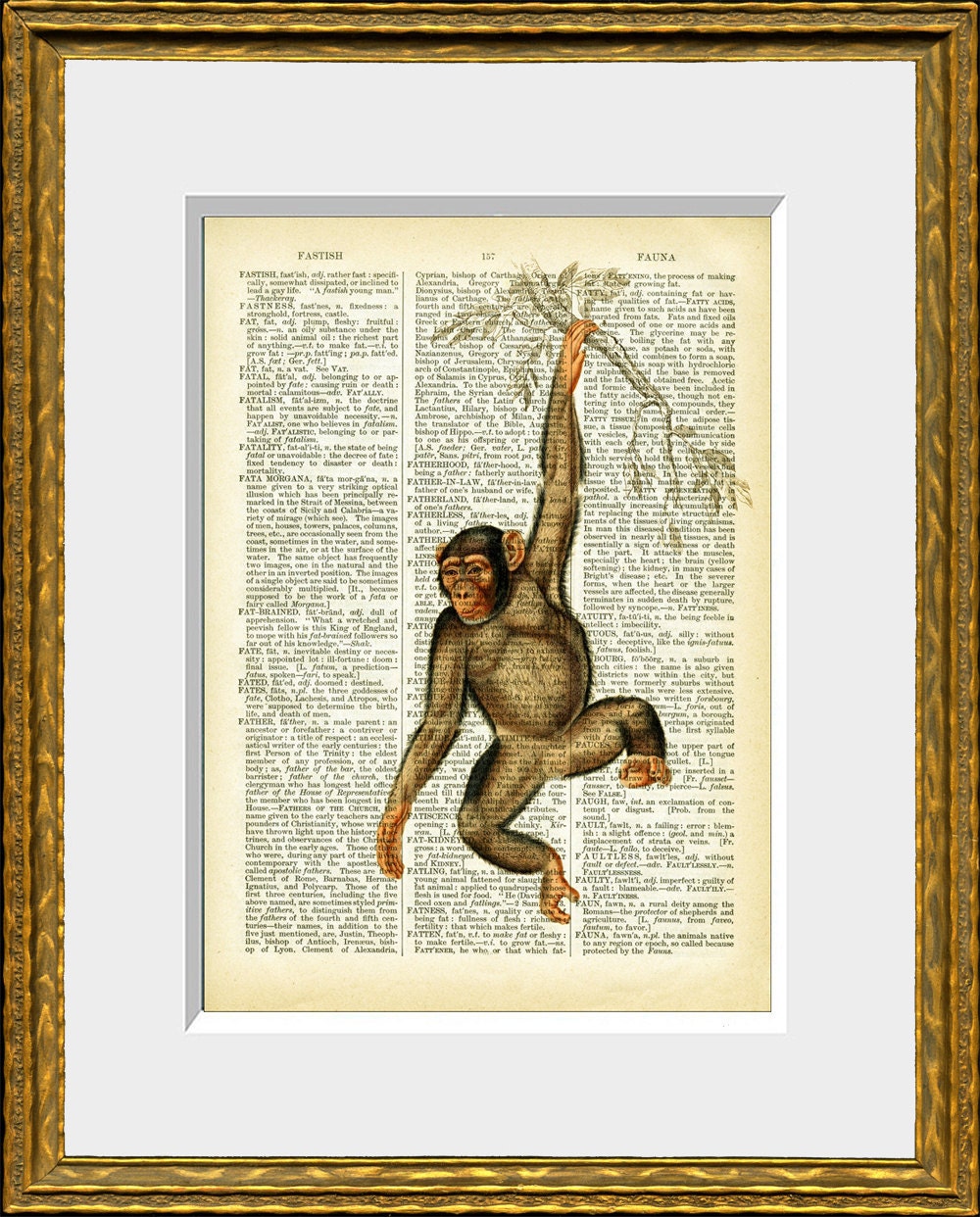 SWINGING MONKEY recycled book page art print - upcycled antique dictionary page with an antique jungle animal illustration - wall art