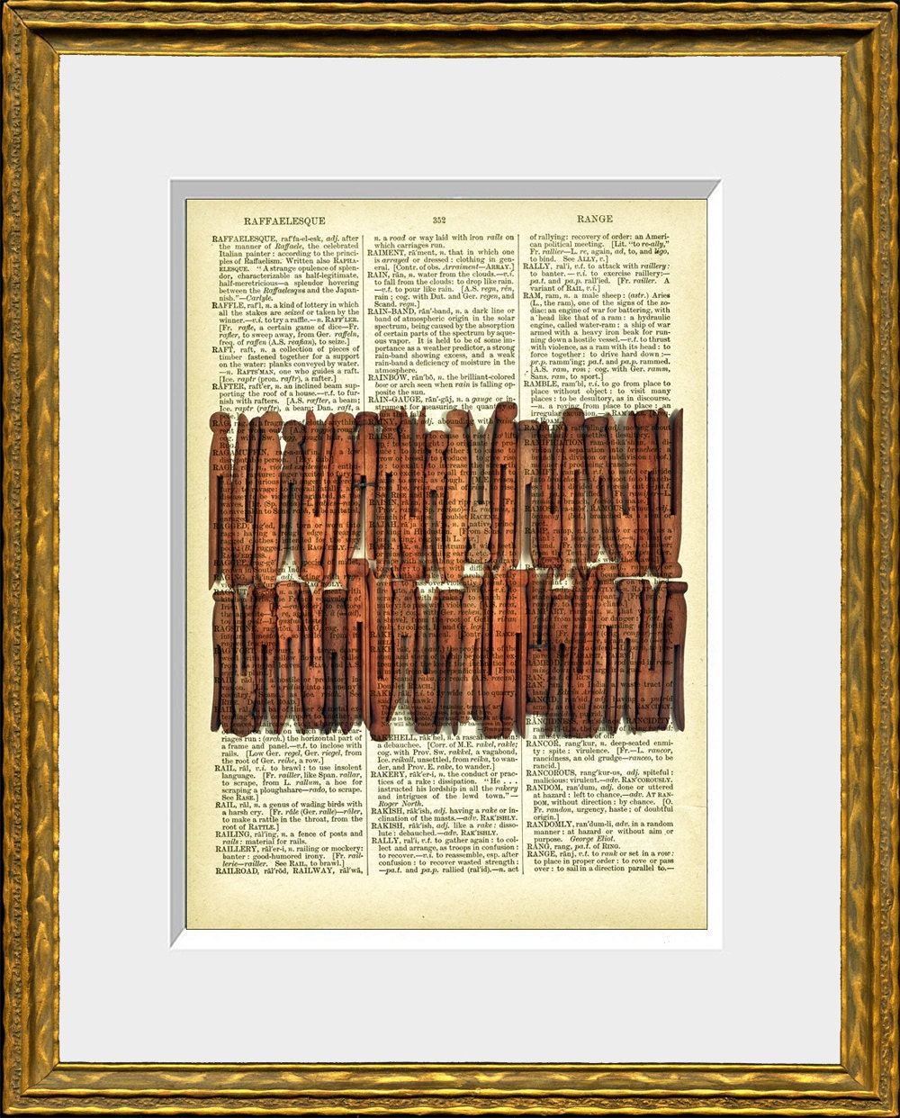 WOOD CLOTHESPINS recycled book page art print - an upcycled antique dictionary page with an original photographic illustration - home decor