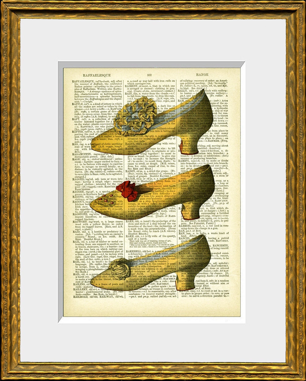 THREE YELLOW SHOES recycled book page art print - antique dictionary page with a French Fashion  illustration - home decor - vintage charm