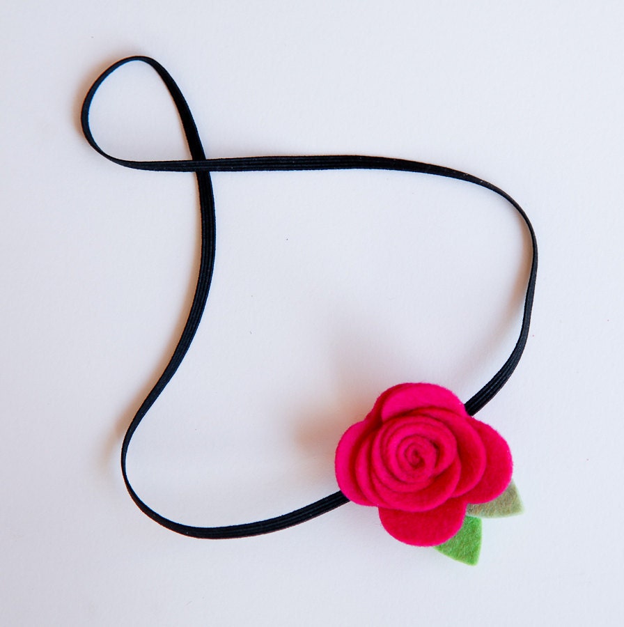 Fuschia pink wool felt rose baby headband