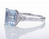 White Gold Emerald Cut Aquamarine with Diamond Accents Cathedral Solitaire Engagement Bridal Ring