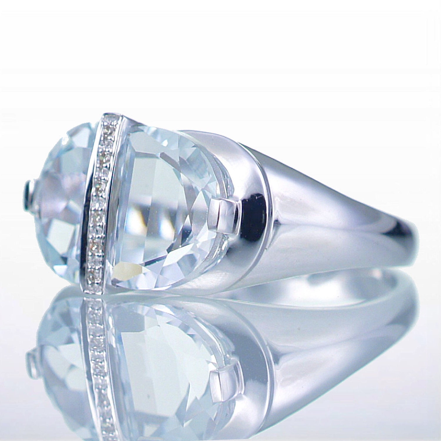 14K White Gold Half Moon Cut Aquamarine and Diamond Unique Style Ring