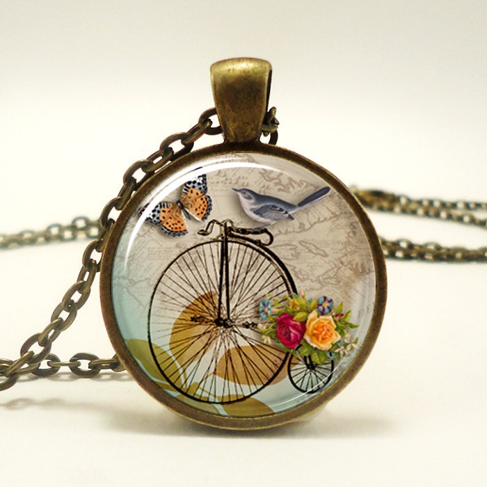 Penny Farthing Bicycle Necklace With Bird, Hipster Vintage Style Bike Pendant, Bronze (0511B1IN)