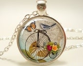 Penny Farthing Bicycle Necklace With Bird, Hipster Vintage Style Bike Pendant, Silver Plate (0511S1IN)