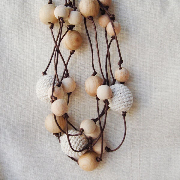 linen necklace crochet natural wood beads Rustic Simple Elegant ecofriendly nursing necklace mothers day