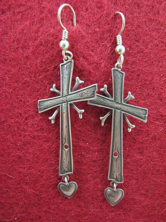 Vintage KIT CARSON Signed Sterling Silver Cross/Heart Pierced Dangle Earrings
