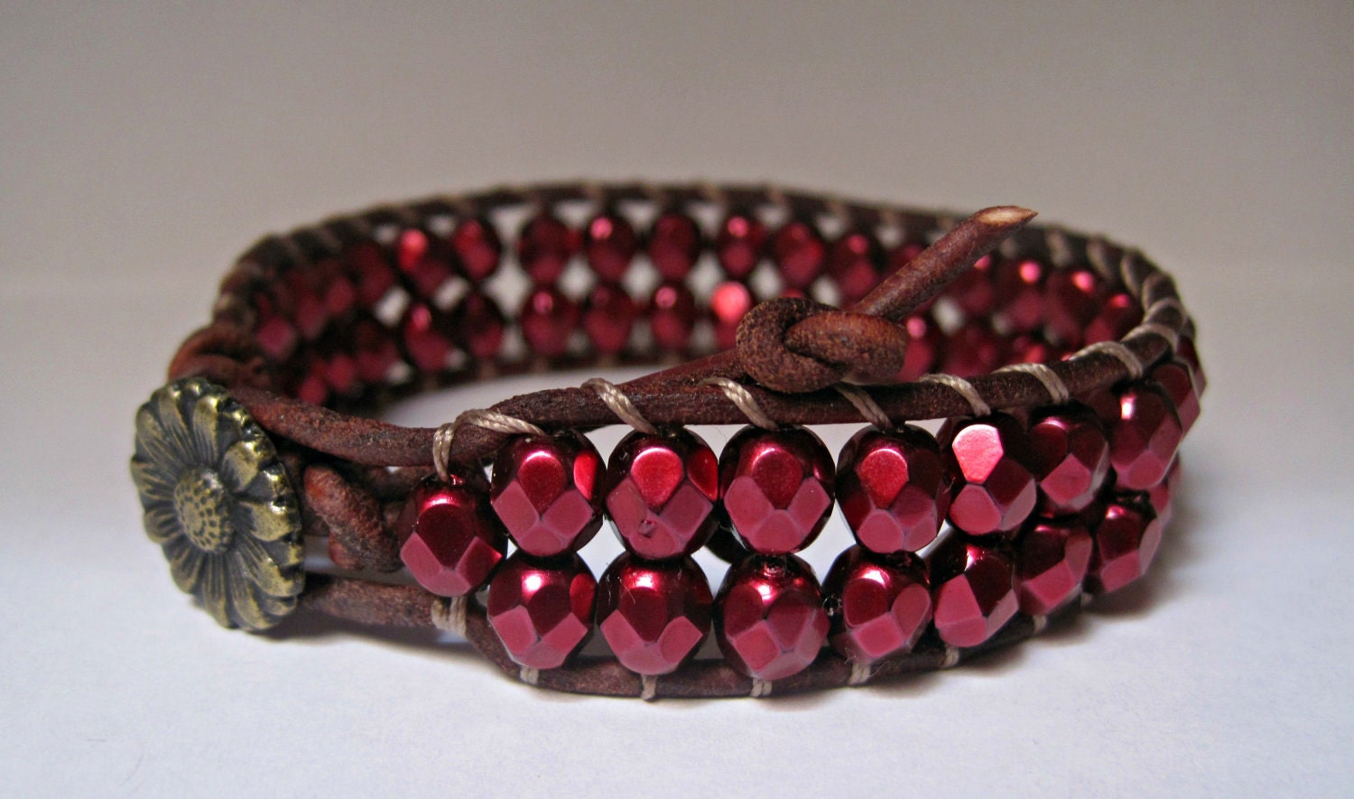 Leather Wrap Bracelet, Beaded crimson sparkle, ruby red, boho chic, single wrap