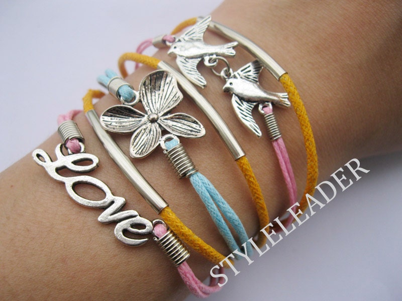 Bracelet-antique silver birds bracelet,flower Bracelet,love bracelet