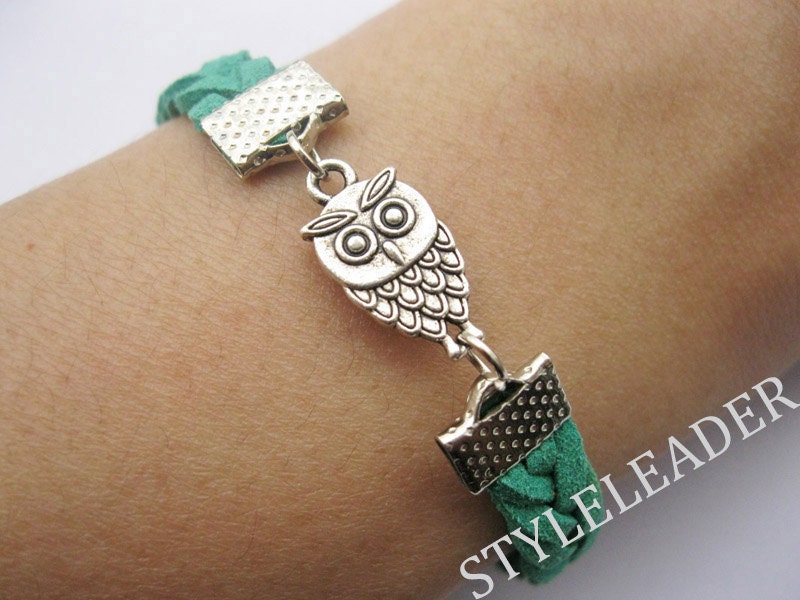 Bracelet-antique silver owl bracelet,owl braid bracelet