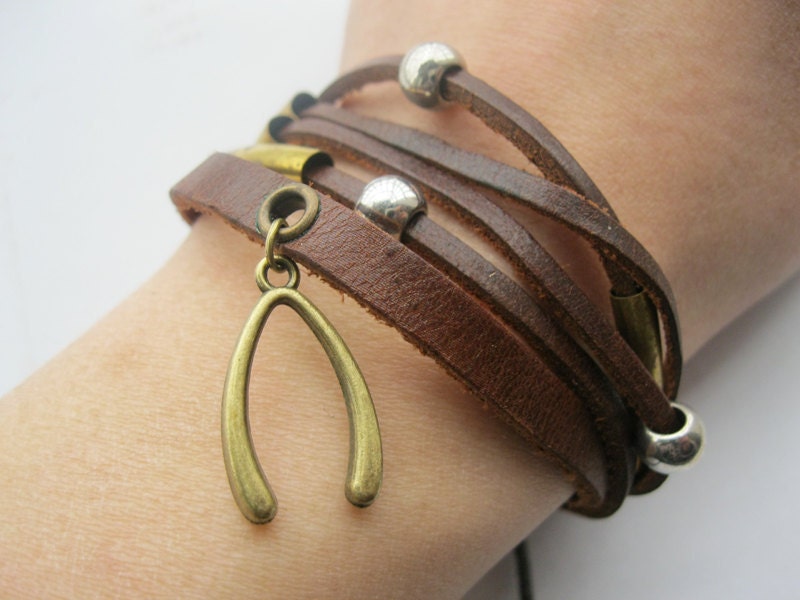 Bracelet-antique bronze wish bone real leather bracelet,wish bone cuff