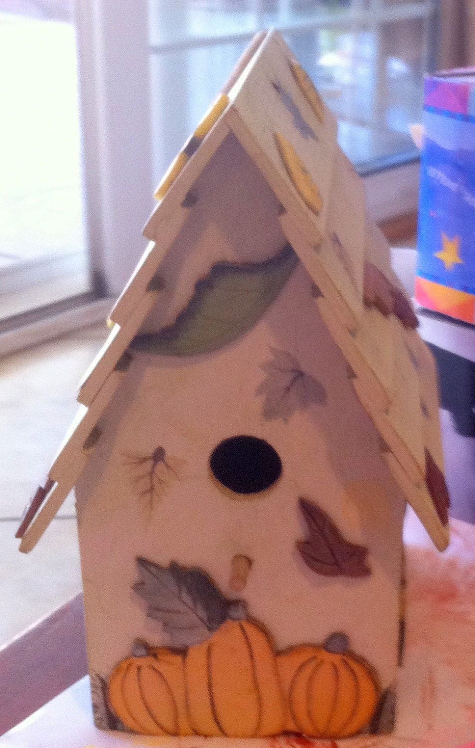 Bird house Beige with leaf, flower, and pumpkin designs Wood 9x4x5 shabby chic cottage chic