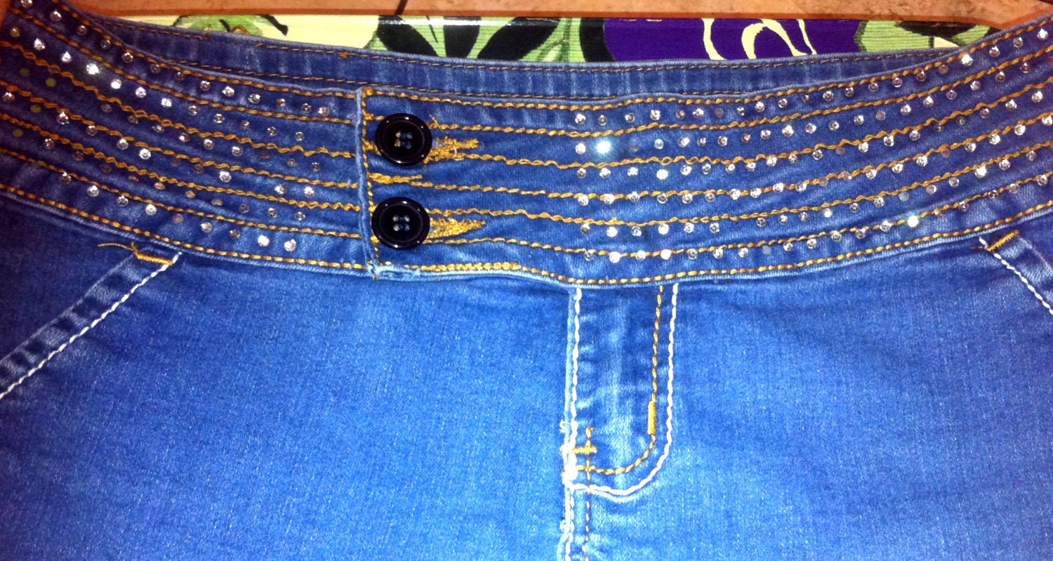 Upcycled Rhinestone Blue Denim Jean Shorts Distressed Low Waisted Soft Silver Rhinestones Size 13