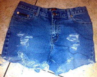 SHORTS Upcycled Studded Denim Jeans Blue Denim Jean Shorts Distressed Mid Waisted  PLUS Size 13