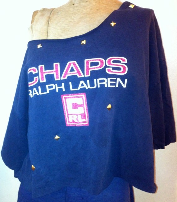 SALE Chaps Ralph Lauren Blue and Red Boyfriend Off The Shoulder Tshirt Upcycled short Sleeves Faded Cut Distressed Large Gold Pyramid Studs