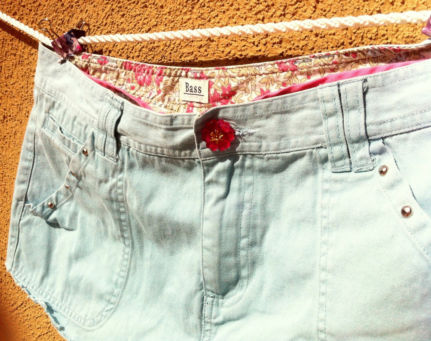 Upcycled Light Blue Shorts Cut offs Mid Waisted Silver Studded Pink Flower Button Inner Waist Flower print Size 10