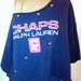 SALE Chaps Ralph Lauren Blue and Red Boyfriend Off The Shoulder Tshirt Upcycled short Sleeves Faded Cut Distressed Large Gold Pyramid Studs
