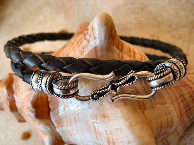 Espresso Brown Braided Leather Double Wrap Bracelet with Rope Design S Hook Silver Clasp "FREE SHIPPING"