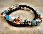 Boho Chic Black Wrap Jasper, Turquoise & Pearl, Leather Beaded Bracelet with Silver Accents...."FREE SHIPPING"