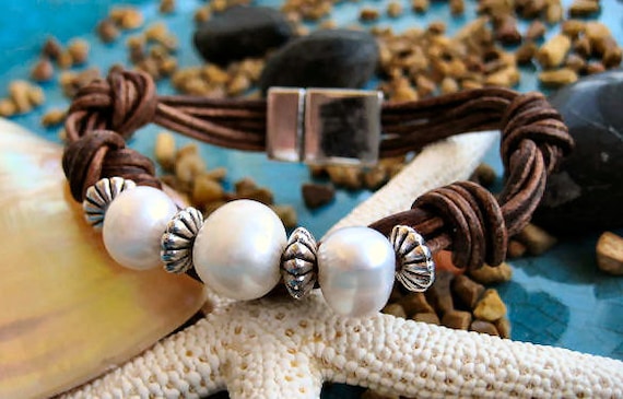 Fresh Water Pearl and Multi Strand Brown Leather Bracelet "FREE SHIPPING"