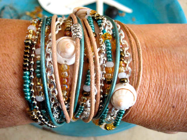 Boho Chic Endless Leather Wrap, Silver Chain Beaded Bracelet...She Sells Sea Shells...."FREE SHIPPING"