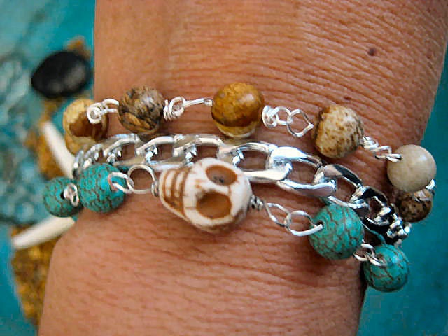Boho Chic Stacking Chunky Silver Chain Jasper Turquoise Skull Bracelet ...."FREE SHIPPING"