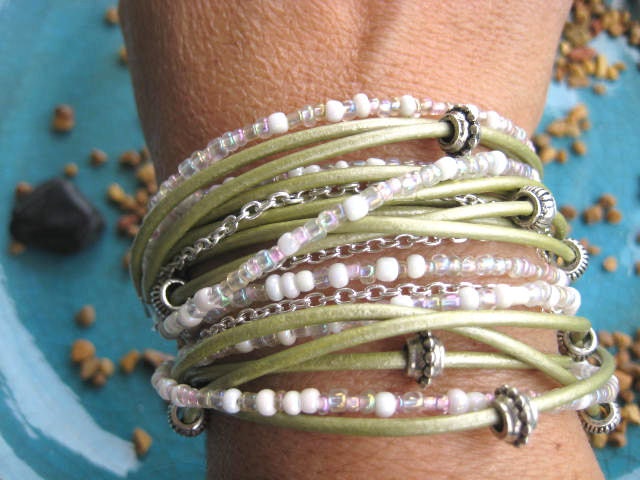 Boho Chic Endless Pale Sage Leather Wrap Beaded Bracelet with Silver Accents...."FREE SHIPPING"