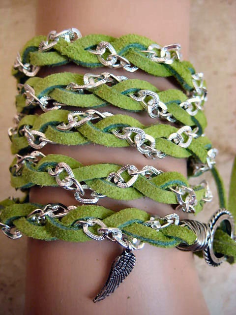 Boho Chic Guardian Angel 5x Wrap Kiwi Lime Green Suede Braided Bracelet with Silver Chain...."FREE SHIPPING"