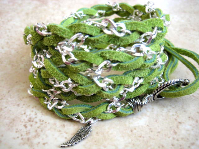 Boho Chic Guardian Angel 5x Wrap Kiwi Lime Green Suede Braided Bracelet with Silver Chain...."FREE SHIPPING"