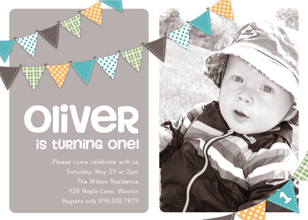 Boy First Birthday Invitation Bunting Flags Banner Photo Printable Invite - 1 Year Old or 2 Year Old - Second Birthday