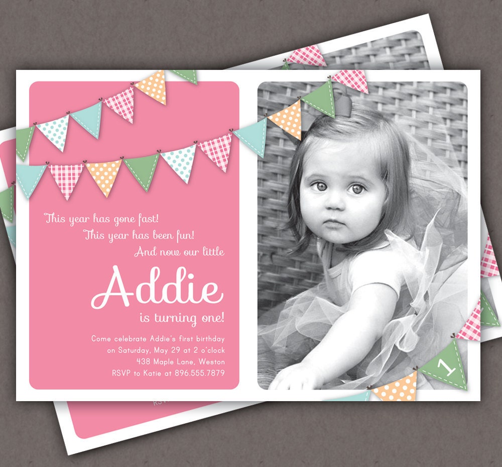 First Birthday Invitation Bunting Flags Banner Photo Printable Invite - 1 Year Old or 2 Year Old - Second Birthday - Pink - Any Color