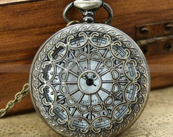 Vintage pocket watch necklace with antique bronze heart zodiac and leaf charm
