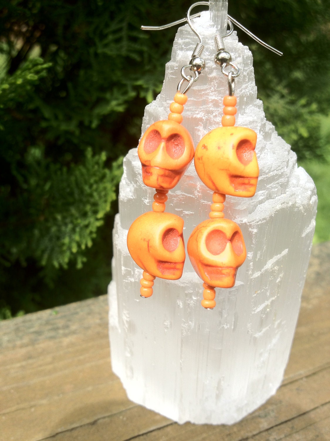 Orange Howlite Skull Earrings