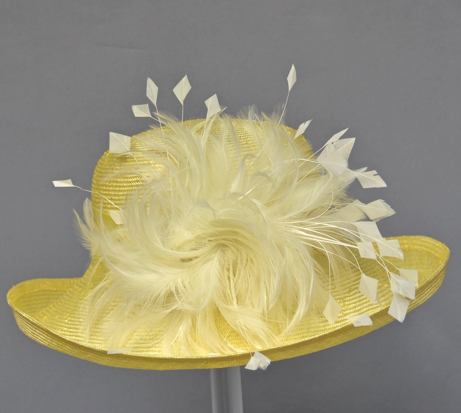 Yellow Parasisal Straw Women Hat, Large Brim,  Feather Mount, Kentucky Derby, Church, Garden Part, Wedding