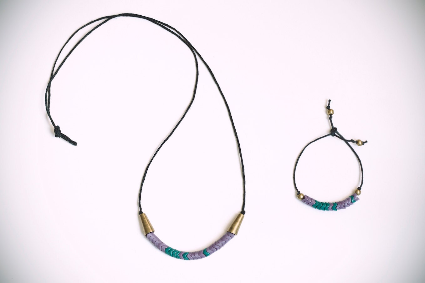 trade beads long necklace and bracelet, purple & green / gift set
