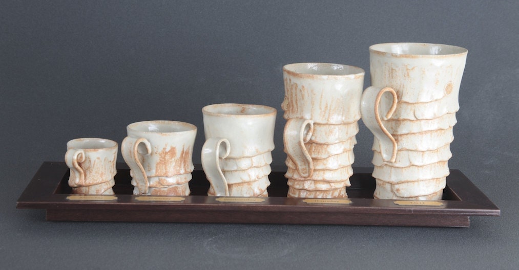 Made to order:)) set of 5 cups and mugs with organizer handmade wood tray Cup for each day of the week