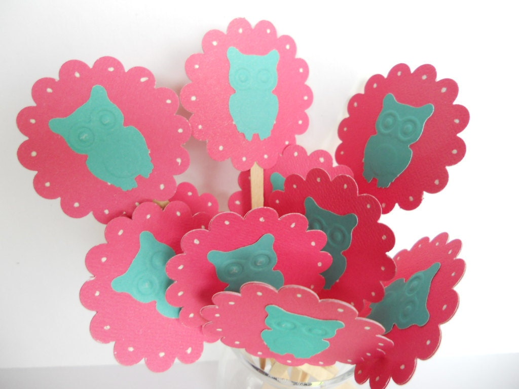 Teal Owl Cupcake Toppers --Qty 12--Baby Shower--Birthday Party