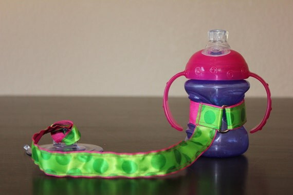 Bottle Tether, Toy Tether, Sippy Strap with Suction Cup-Preppy Pink & Green Polka Dots