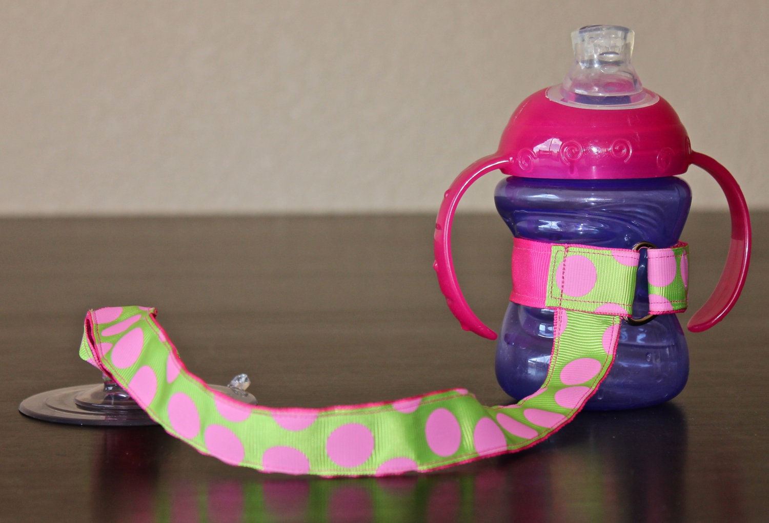 Bottle Tether, Toy Tether, Sippy Strap with Suction Cup- Lime with GLITTER Pink Dots
